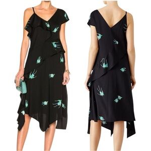 🖤Diane Von Furstenberg Silk NavyBlack Asymmetrical Dress Bird Design Size 6 NWOT